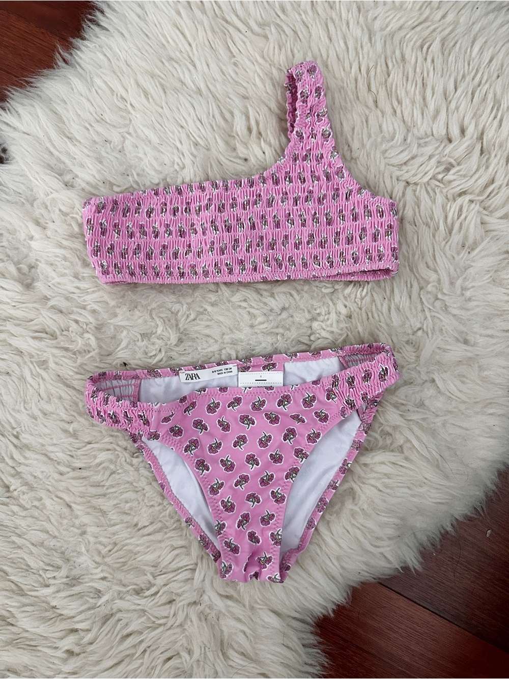 ZARA KIDS Pink Floral One-Shoulder Smocked Bikini | 7